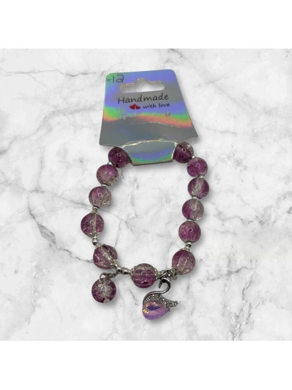 Purple Silver Beaded Swan Charm Bracelet Large NWOT